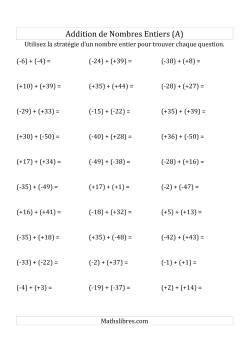 Addition de Nombres Entiers de (-50) à (+50) (Avec des Parenthèses)