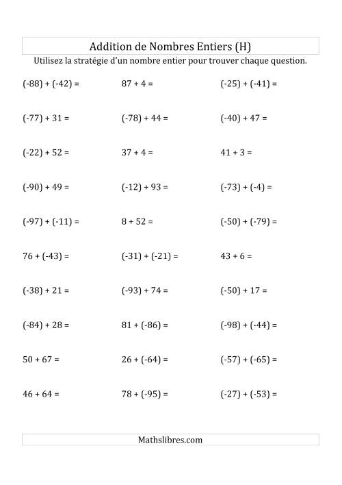 Addition de Nombres Entiers de (-99) à (+99) (Parenthèses sur les Nombres Négatifs) (H)
