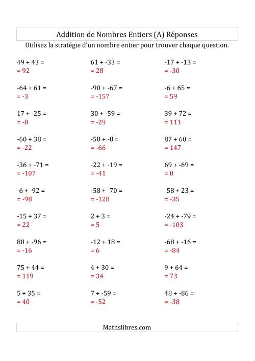 Addition de Nombres Entiers de (-99) à (+99) (Sans les Parenthèses) (A) page 2