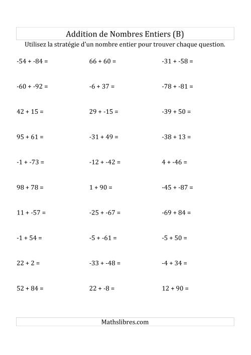 Addition de Nombres Entiers de (-99) à (+99) (Sans les Parenthèses) (B)