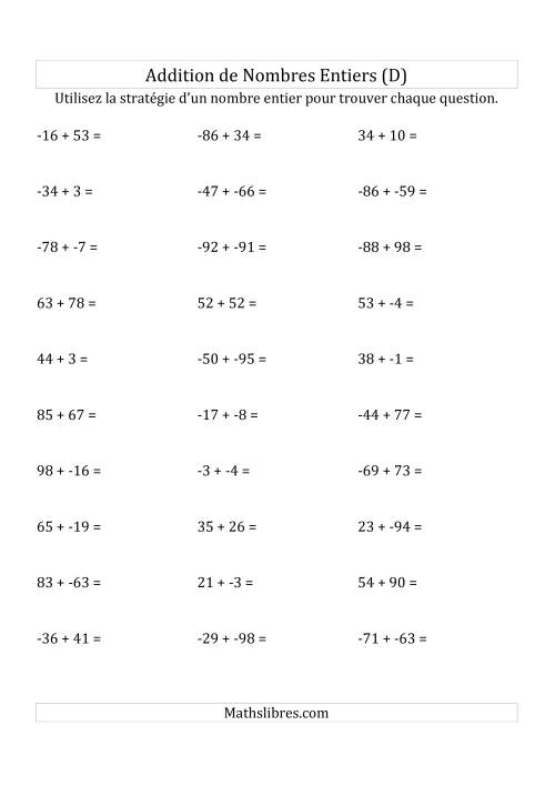 Addition de Nombres Entiers de (-99) à (+99) (Sans les Parenthèses) (D)