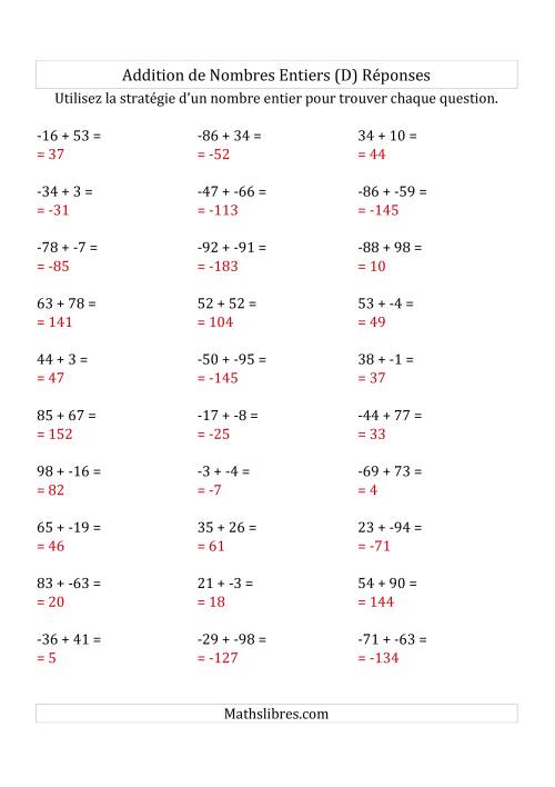 Addition de Nombres Entiers de (-99) à (+99) (Sans les Parenthèses) (D) page 2