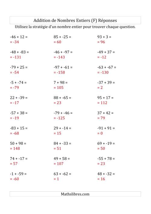 Addition de Nombres Entiers de (-99) à (+99) (Sans les Parenthèses) (F) page 2