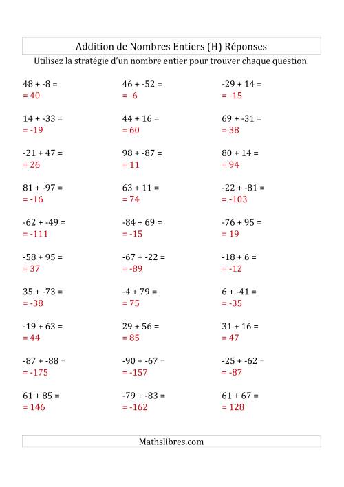 Addition de Nombres Entiers de (-99) à (+99) (Sans les Parenthèses) (H) page 2