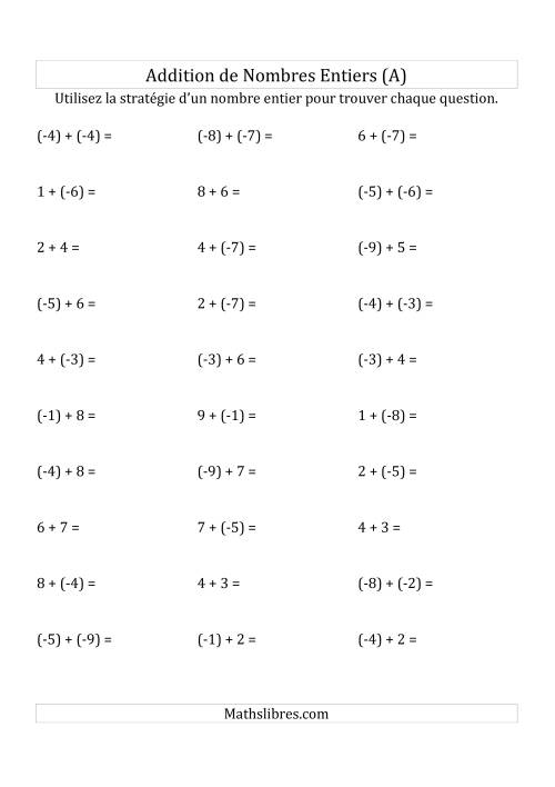 Addition de Nombres Entiers de (-9) à (+9) (Parenthèses sur les Nombres Négatifs) (A)