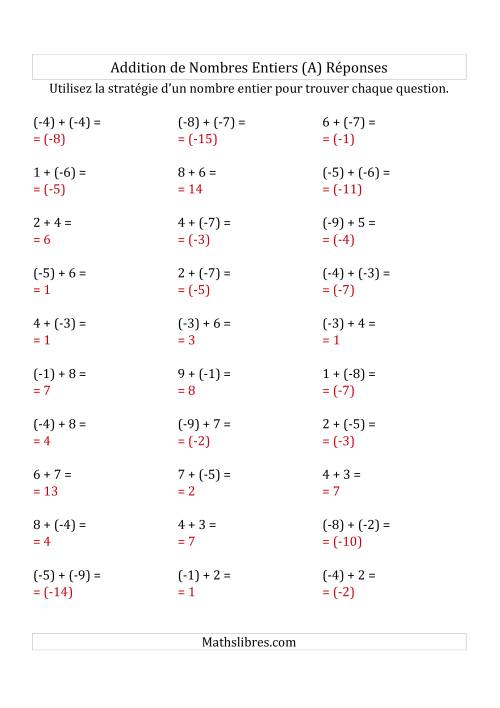 Addition de Nombres Entiers de (-9) à (+9) (Parenthèses sur les Nombres Négatifs) (A) page 2