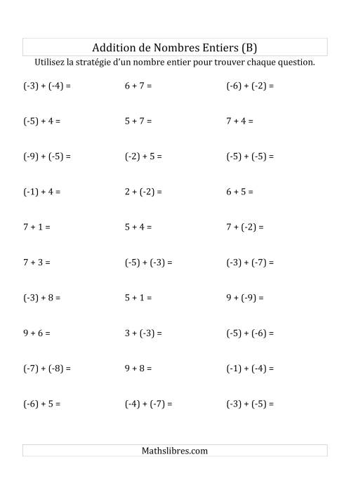 Addition de Nombres Entiers de (-9) à (+9) (Parenthèses sur les Nombres Négatifs) (B)