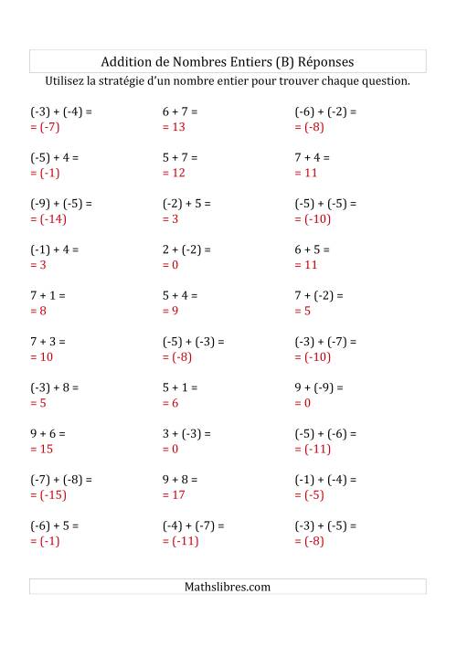 Addition de Nombres Entiers de (-9) à (+9) (Parenthèses sur les Nombres Négatifs) (B) page 2