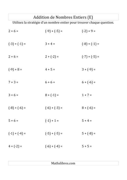 Addition de Nombres Entiers de (-9) à (+9) (Parenthèses sur les Nombres Négatifs) (E)
