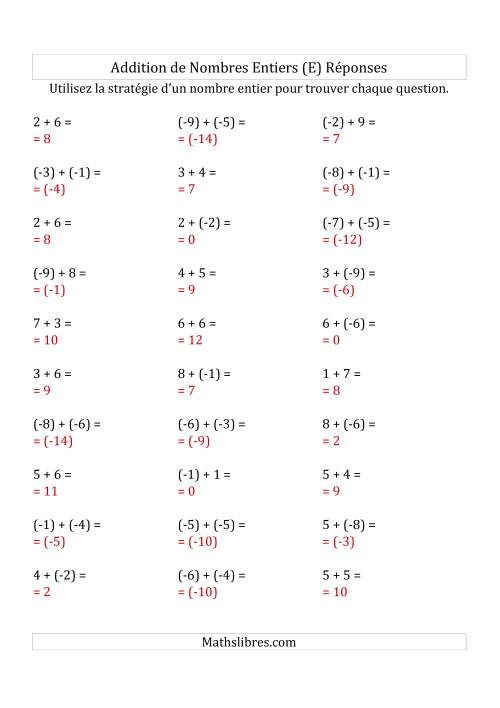 Addition de Nombres Entiers de (-9) à (+9) (Parenthèses sur les Nombres Négatifs) (E) page 2