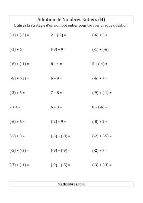 Addition de Nombres Entiers de (-9) à (+9) (Parenthèses sur les Nombres Négatifs) (H)