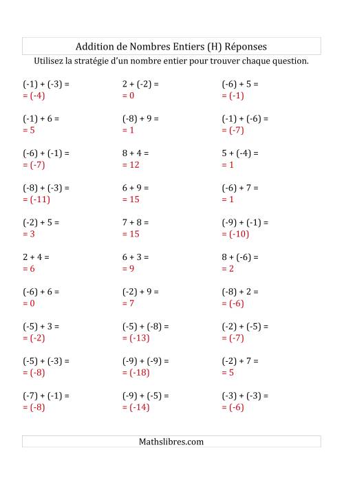 Addition de Nombres Entiers de (-9) à (+9) (Parenthèses sur les Nombres Négatifs) (H) page 2