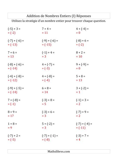 Addition de Nombres Entiers de (-9) à (+9) (Parenthèses sur les Nombres Négatifs) (I) page 2