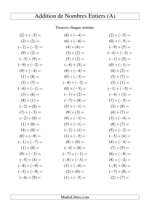 Addition de nombres entiers (-9 à 9) (75 par page) (Tout)
