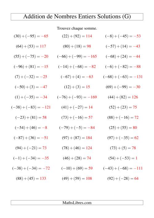 Addition de nombres entiers (-99 à 99) (45 par page) (G) page 2