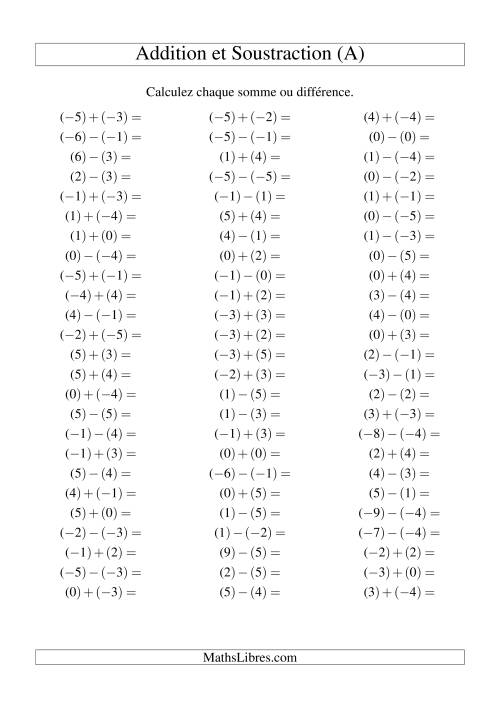 Addition et soustraction de nombres entiers avec parenthèses autour de chaque entier (-5 à 5) (75 par page) (A)