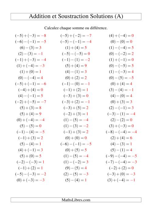 Addition et soustraction de nombres entiers avec parenthèses autour de chaque entier (-5 à 5) (75 par page) (A) page 2
