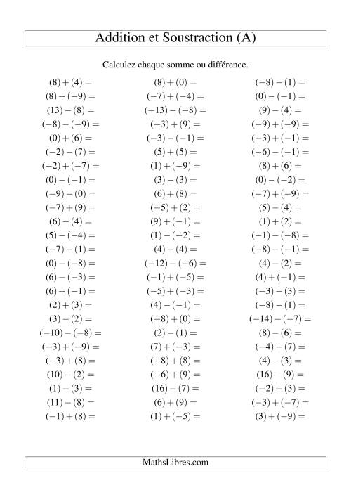 Addition et soustraction de nombres entiers avec parenthèses autour de chaque entier (-9 à 9) (75 par page) (A)