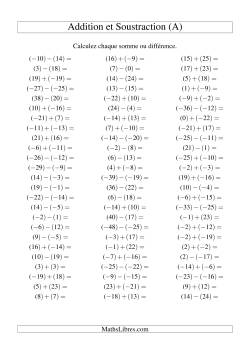 Addition et soustraction de nombres entiers avec parenthèses autour de chaque entier (-25 à 25) (75 par page)