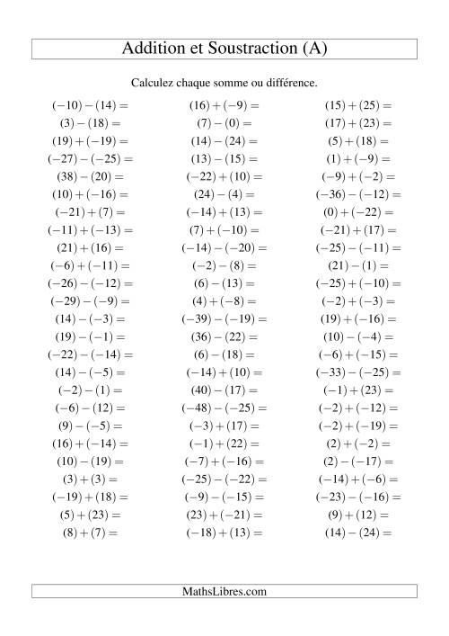 Addition et soustraction de nombres entiers avec parenthèses autour de chaque entier (-25 à 25) (75 par page) (A)