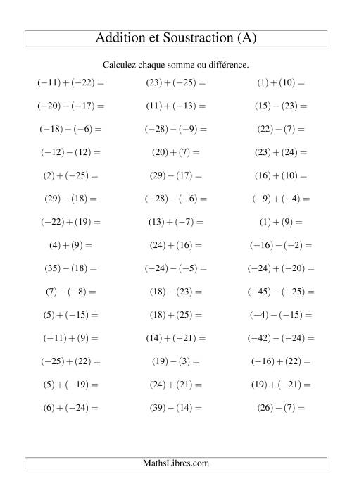 Addition et soustraction de nombres entiers avec parenthèses autour de chaque entier (-25 à 25) (45 par page) (A)
