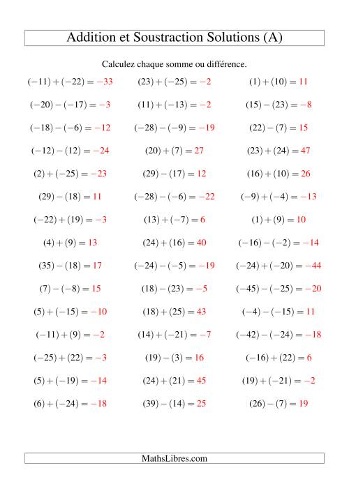 Addition et soustraction de nombres entiers avec parenthèses autour de chaque entier (-25 à 25) (45 par page) (A) page 2