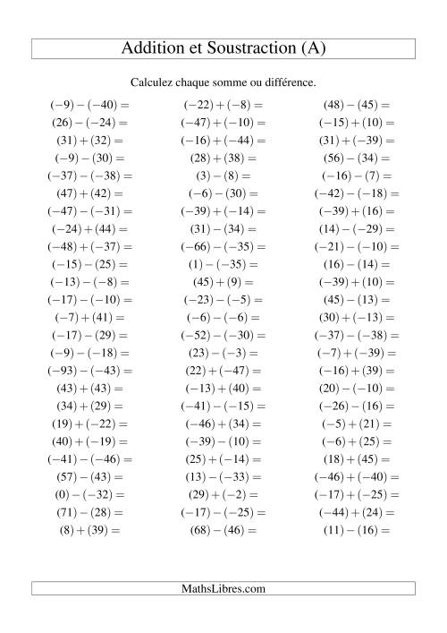 Addition et soustraction de nombres entiers avec parenthèses autour de chaque entier (-50 à 50) (75 par page) (A)
