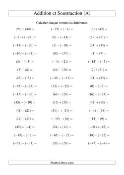 Addition et soustraction de nombres entiers avec parenthèses autour de chaque entier (-50 à 50) (45 par page)