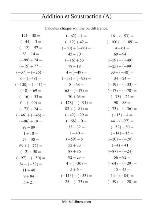 Addition et soustraction de nombres entiers avec parenthèses autour des entiers négatifs seulement (-99 à 99) (75 par page) (A)