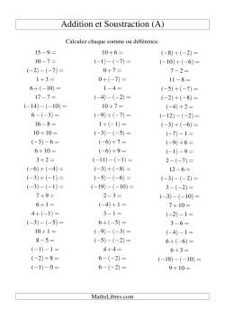 Addition et soustraction de nombres entiers avec parenthèses autour des entiers négatifs seulement (-10 à 10) (75 par page)