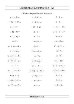 Addition et soustraction de nombres entiers avec parenthèses autour des entiers négatifs seulement (-10 à 10) (45 par page)