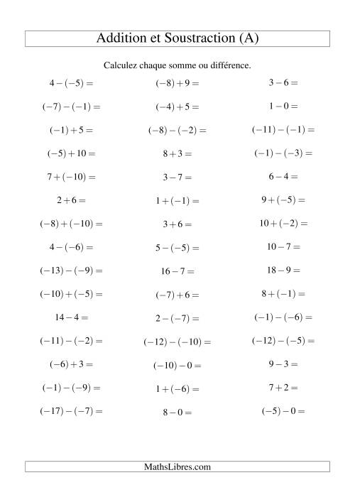 Addition et soustraction de nombres entiers avec parenthèses autour des entiers négatifs seulement (-10 à 10) (45 par page) (A)