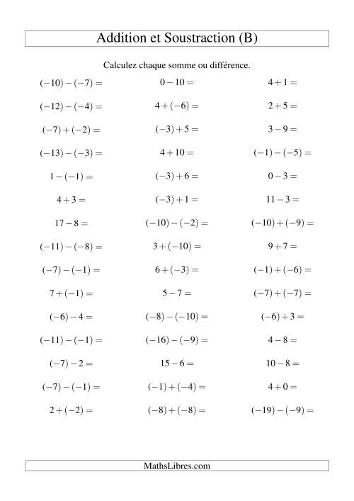 Addition et soustraction de nombres entiers avec parenthèses autour des entiers négatifs seulement (-10 à 10) (45 par page) (B)