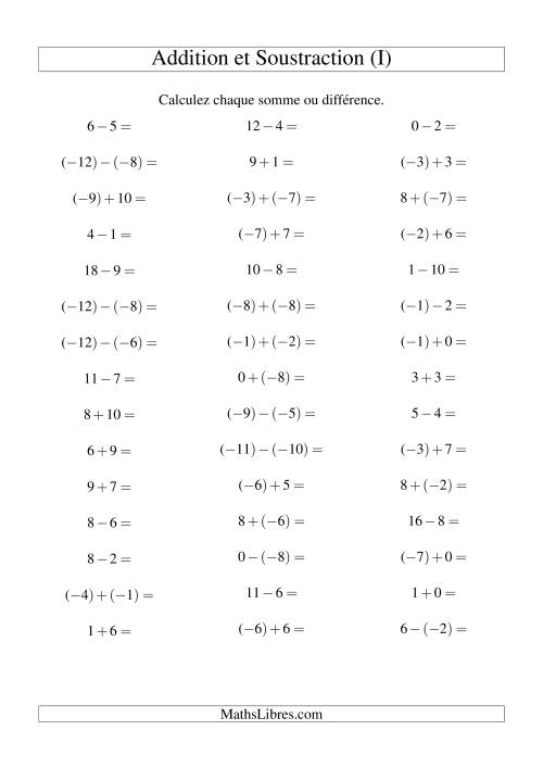 Addition et soustraction de nombres entiers avec parenthèses autour des entiers négatifs seulement (-10 à 10) (45 par page) (I)