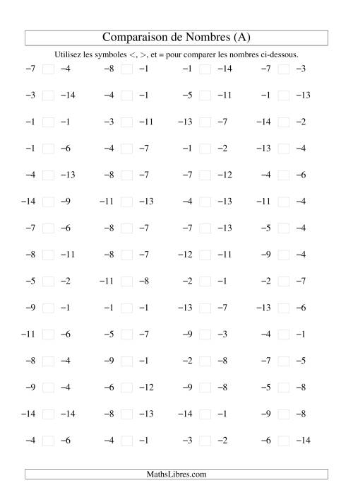 Comparaison de nombres entiers négatifs (-15 à -1) (60 par page) (A)