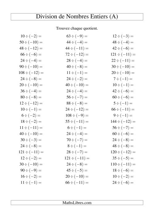 Division de nombres entiers -- Positif divisé par négatif (75 par page) (A)