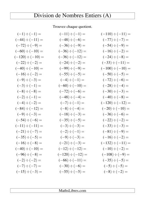 Division de nombres entiers -- Négatif divisé par négatif (75 par page) (A)