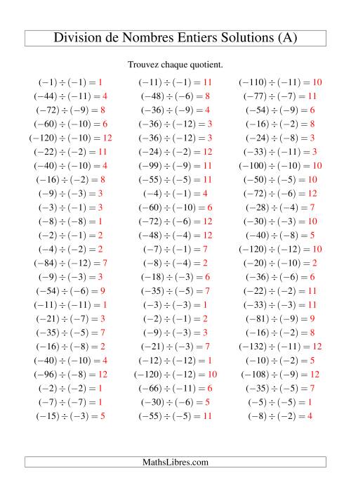Division de nombres entiers -- Négatif divisé par négatif (75 par page) (A) page 2