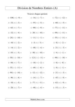 Division de nombres entiers -- Négatif divisé par négatif (45 par page)