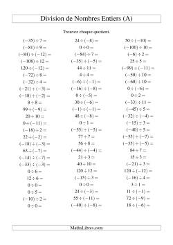 Division de nombres entiers de (-12) à 12 (75 par page)