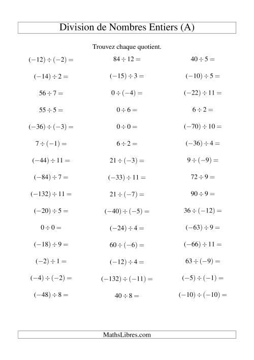 Division de nombres entiers de (-12) à 12 (45 par page) (A)