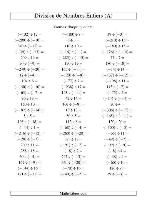 Division de nombres entiers de (-20) à 20 (75 par page) (A)