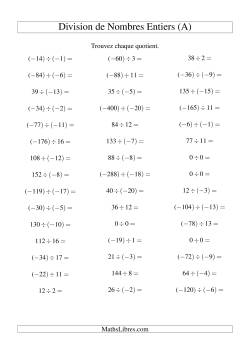 Division de nombres entiers de (-20) à 20 (45 par page)