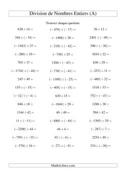 Division de nombres entiers de (-50) à 50 (45 par page)