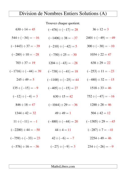 Division de nombres entiers de (-50) à 50 (45 par page) (A) page 2