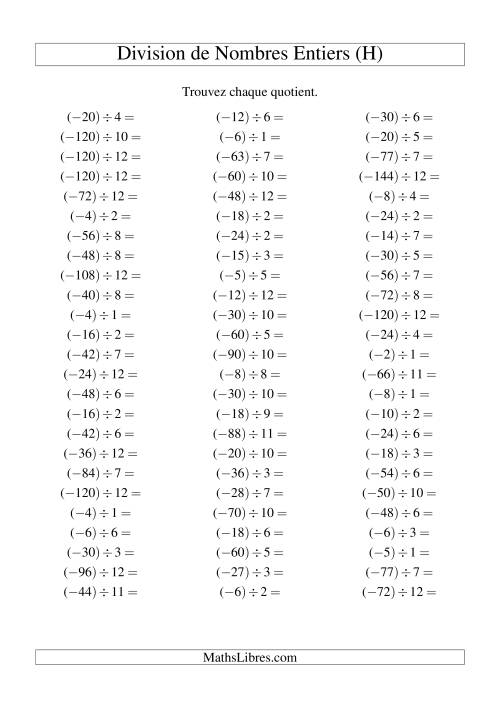 Division de nombres entiers -- Négatif divisé par positif (75 par page) (H)