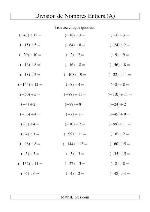Division de nombres entiers -- Négatif divisé par positif (45 par page) (A)