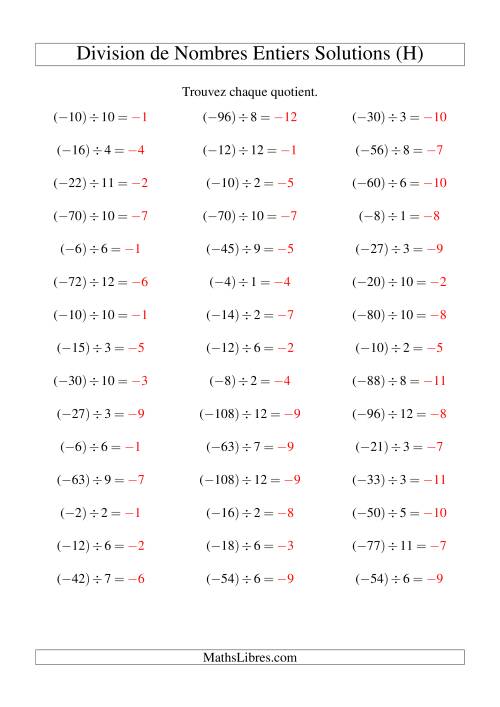 Division de nombres entiers -- Négatif divisé par positif (45 par page) (H) page 2