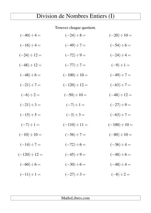 Division de nombres entiers -- Négatif divisé par positif (45 par page) (I)