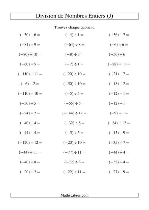 Division de nombres entiers -- Négatif divisé par positif (45 par page) (J)